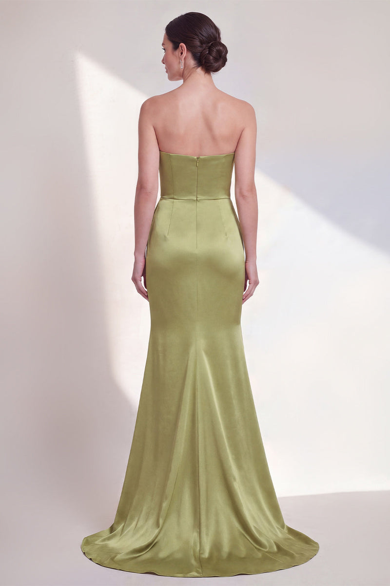 Load image into Gallery viewer, Long Mermaid Strapless Ruched Green Formal Dress with Ruffles