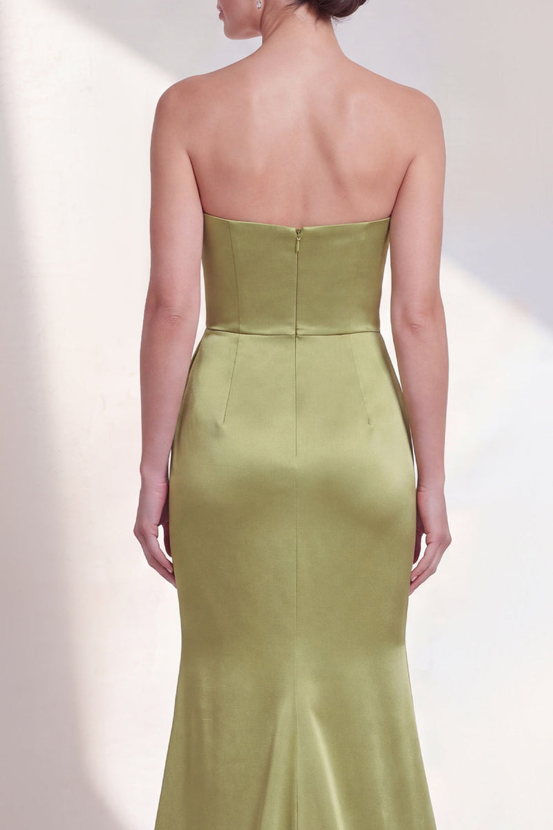 Load image into Gallery viewer, Long Mermaid Strapless Ruched Green Formal Dress with Ruffles