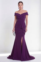 Load image into Gallery viewer, Off the Shoulder Mermaid Purple Ruched Long Formal Dress with Slit