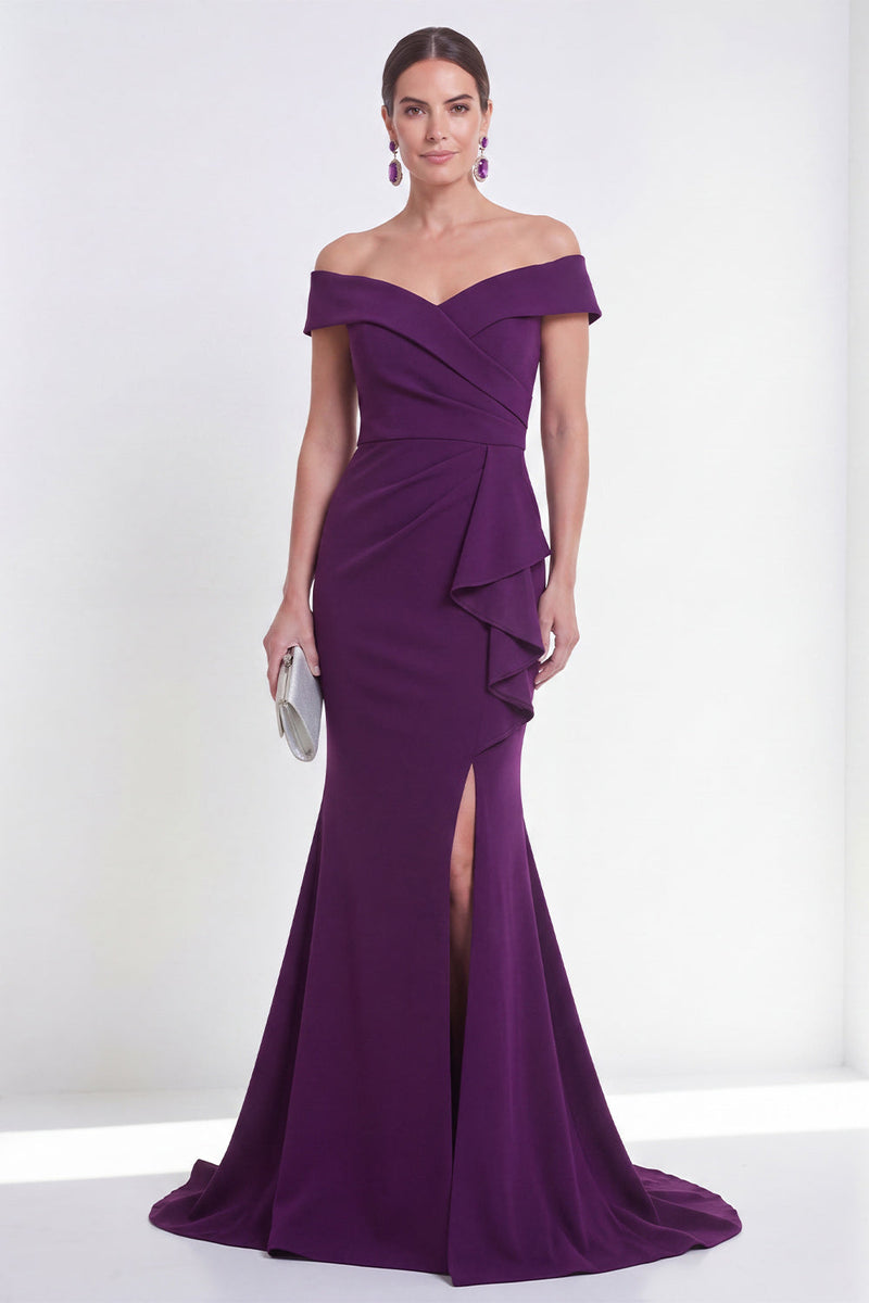 Load image into Gallery viewer, Off the Shoulder Mermaid Purple Ruched Long Formal Dress with Slit