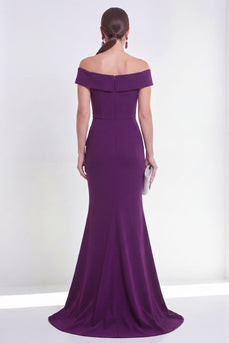 Off the Shoulder Mermaid Purple Ruched Long Formal Dress with Slit