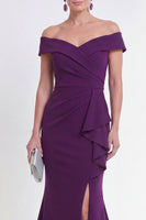 Load image into Gallery viewer, Off the Shoulder Mermaid Purple Ruched Long Formal Dress with Slit