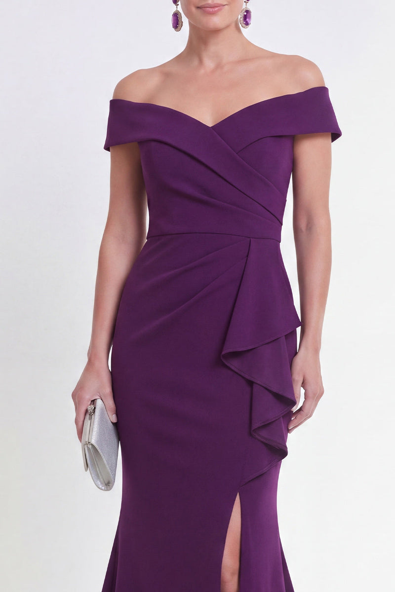 Load image into Gallery viewer, Off the Shoulder Mermaid Purple Ruched Long Formal Dress with Slit