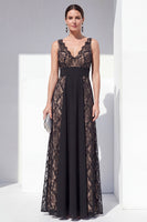 Load image into Gallery viewer, V-Neck Black Lace Floral Long A Line Formal Dress