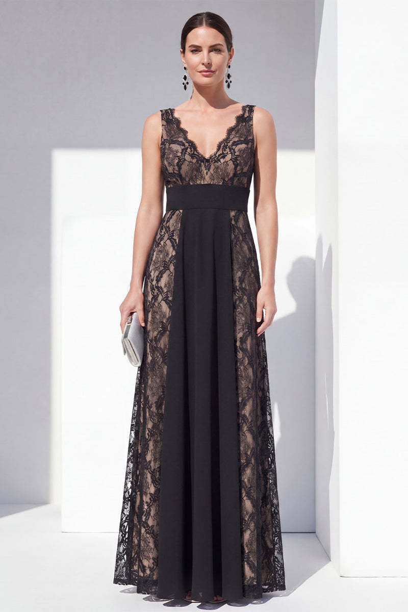 Load image into Gallery viewer, V-Neck Black Lace Floral Long A Line Formal Dress