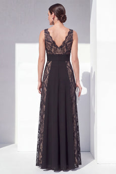 V-Neck Black Lace Floral Long A Line Formal Dress