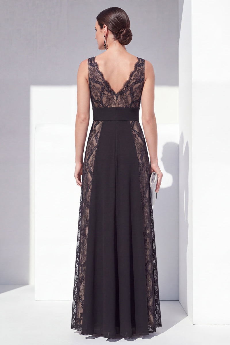 Load image into Gallery viewer, V-Neck Black Lace Floral Long A Line Formal Dress
