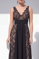 Load image into Gallery viewer, V-Neck Black Lace Floral Long A Line Formal Dress