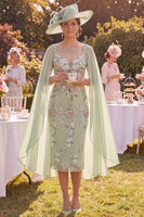 Load image into Gallery viewer, Midi Bodycon Green Floral V-Neck Mother of the Bride Dress with Cape