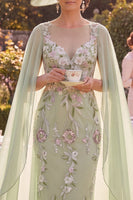 Load image into Gallery viewer, Midi Bodycon Green Floral V-Neck Mother of the Bride Dress with Cape