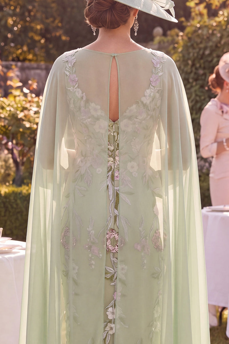 Load image into Gallery viewer, Midi Bodycon Green Floral V-Neck Mother of the Bride Dress with Cape
