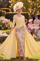 Load image into Gallery viewer, Sheath Floral Long Butter Yellow Ruched Mother of the Bride Dress with Cape