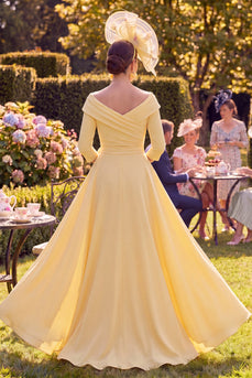 Sheath Floral Long Butter Yellow Ruched Mother of the Bride Dress with Cape