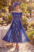Load image into Gallery viewer, Floral Navy Sheath Long 3/4 Sleeves Mother of the Bride Dress with Cape