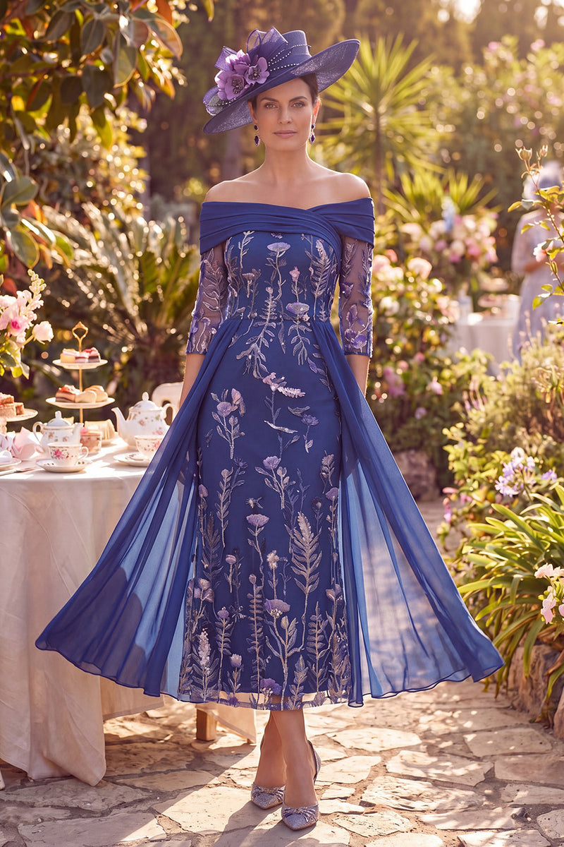 Load image into Gallery viewer, Floral Navy Sheath Long 3/4 Sleeves Mother of the Bride Dress with Cape