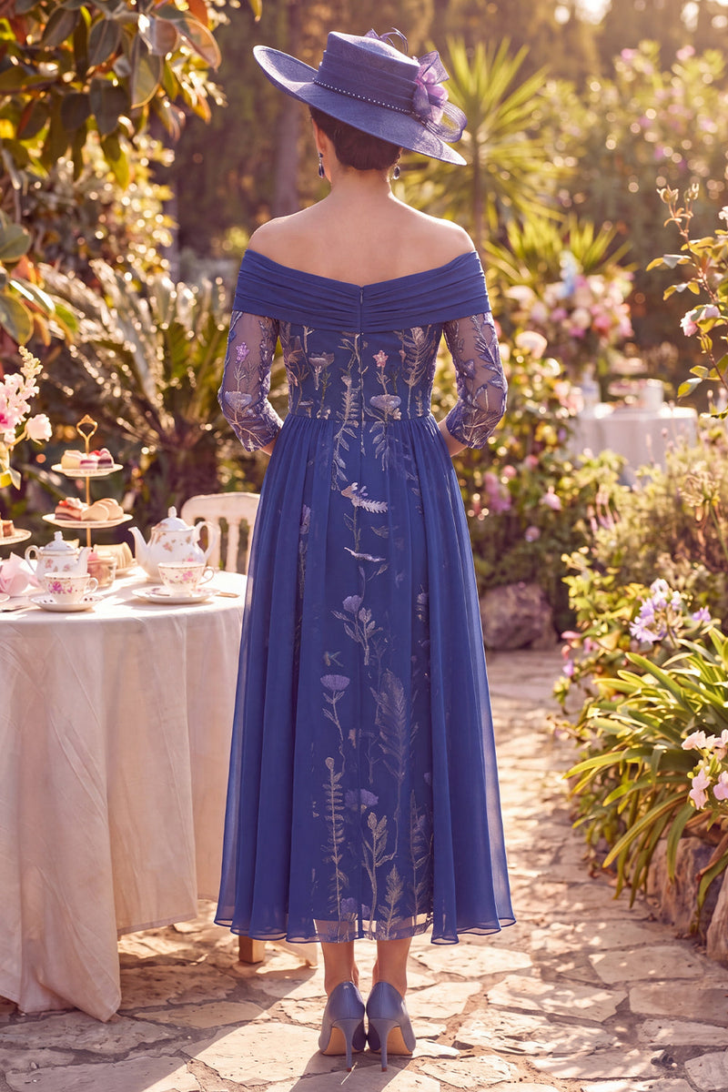 Load image into Gallery viewer, Floral Navy Sheath Long 3/4 Sleeves Mother of the Bride Dress with Cape