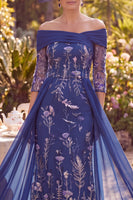 Load image into Gallery viewer, Floral Navy Sheath Long 3/4 Sleeves Mother of the Bride Dress with Cape