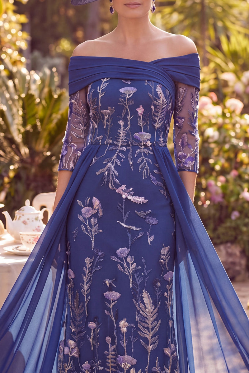 Load image into Gallery viewer, Floral Navy Sheath Long 3/4 Sleeves Mother of the Bride Dress with Cape