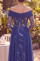 Load image into Gallery viewer, Floral Navy Sheath Long 3/4 Sleeves Mother of the Bride Dress with Cape