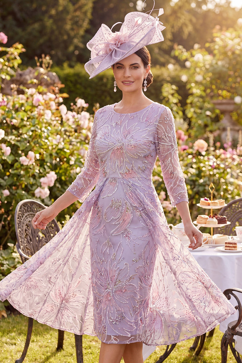 Load image into Gallery viewer, Sparkly Lilac Midi Floral Bodycon Beaded Mother of the Bride Dress with Cape