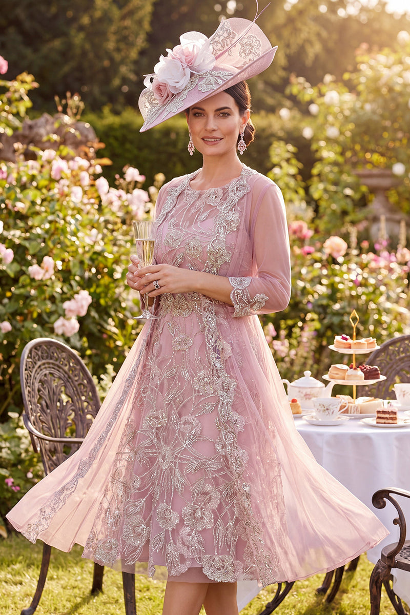 Load image into Gallery viewer, Sparkly Blush Midi Floral A Line Round Neck Beaded Mother of the Bride Dress