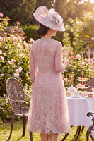 Load image into Gallery viewer, Sparkly Blush Midi Floral A Line Round Neck Beaded Mother of the Bride Dress