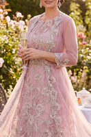 Load image into Gallery viewer, Sparkly Blush Midi Floral A Line Round Neck Beaded Mother of the Bride Dress