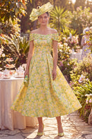 Load image into Gallery viewer, Floral A Line Maxi Butter Yellow Off the Shoulder Mother of the Bride Dress