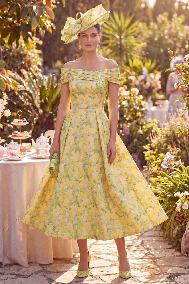 Load image into Gallery viewer, Floral A Line Maxi Butter Yellow Off the Shoulder Mother of the Bride Dress