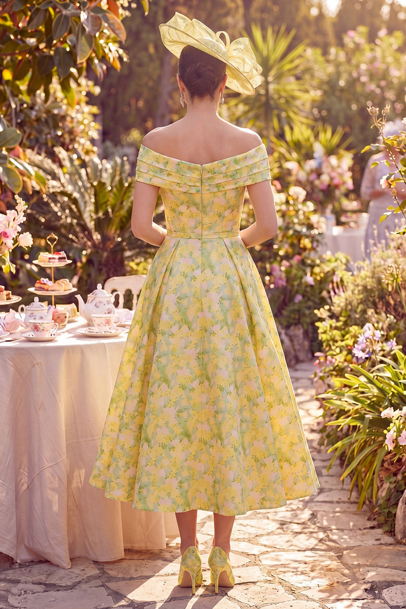 Load image into Gallery viewer, Floral A Line Maxi Butter Yellow Off the Shoulder Mother of the Bride Dress