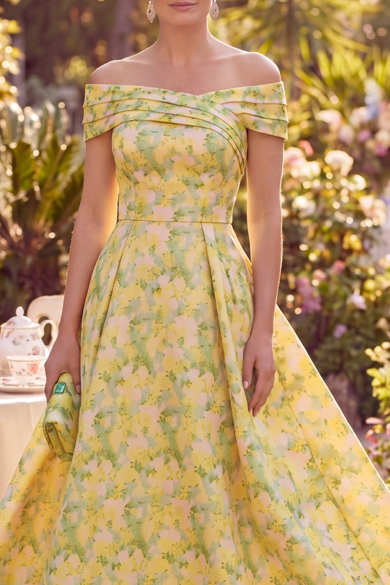 Load image into Gallery viewer, Floral A Line Maxi Butter Yellow Off the Shoulder Mother of the Bride Dress