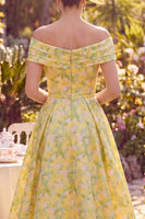 Load image into Gallery viewer, Floral A Line Maxi Butter Yellow Off the Shoulder Mother of the Bride Dress