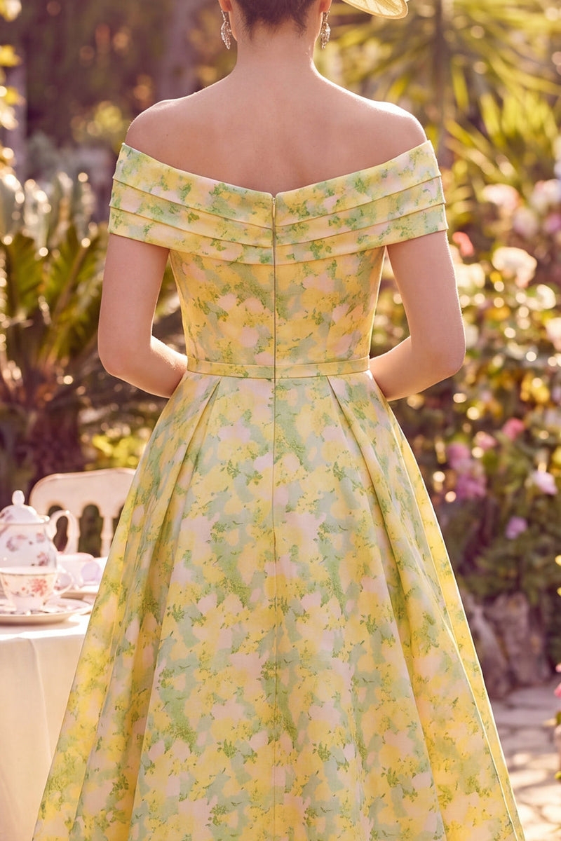Load image into Gallery viewer, Floral A Line Maxi Butter Yellow Off the Shoulder Mother of the Bride Dress