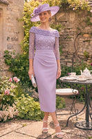 Load image into Gallery viewer, Sparkly Grey Purple Beaded Sheath Ruched 3/4 Sleeves Mother of the Bride Dress