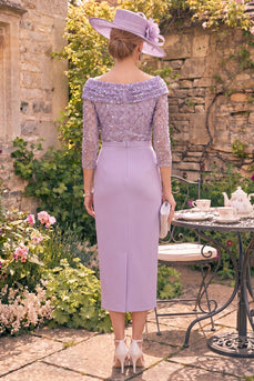 Sparkly Grey Purple Beaded Sheath Ruched 3/4 Sleeves Mother of the Bride Dress