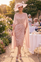 Load image into Gallery viewer, Sparkly Blush Midi Boat Neck Bodycon Beaded Mother of the Bride Dress with Cape