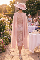 Load image into Gallery viewer, Sparkly Blush Midi Boat Neck Bodycon Beaded Mother of the Bride Dress with Cape
