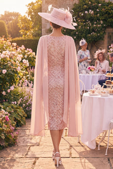 Sparkly Blush Midi Boat Neck Bodycon Beaded Mother of the Bride Dress with Cape