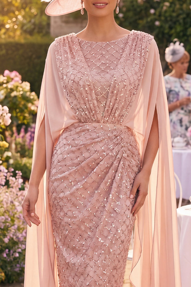 Load image into Gallery viewer, Sparkly Blush Midi Boat Neck Bodycon Beaded Mother of the Bride Dress with Cape