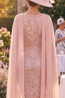 Load image into Gallery viewer, Sparkly Blush Midi Boat Neck Bodycon Beaded Mother of the Bride Dress with Cape