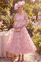 Load image into Gallery viewer, Pink Beaded Long A Line Floral Off the Shoulder Mother of the Bride Dress
