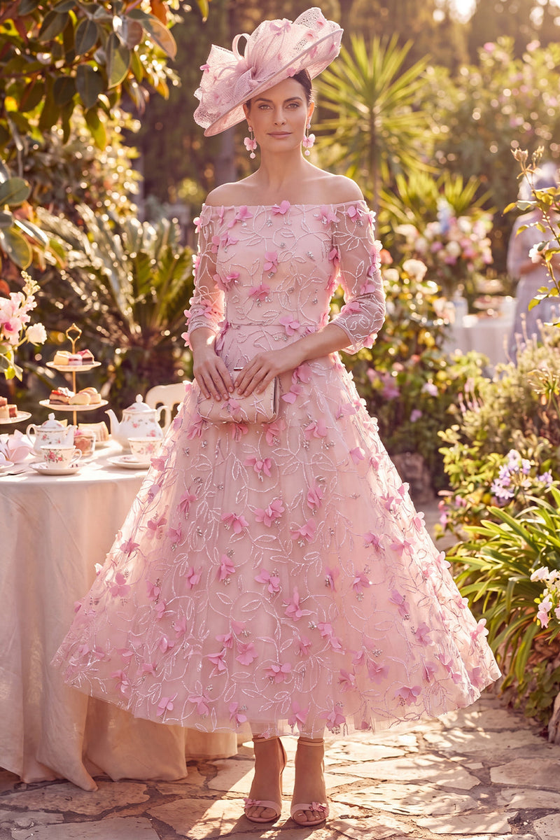 Load image into Gallery viewer, Pink Beaded Long A Line Floral Off the Shoulder Mother of the Bride Dress