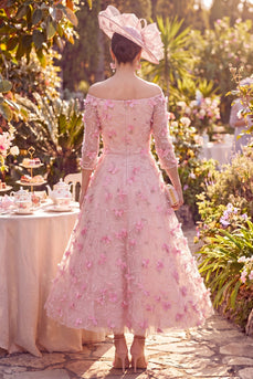 Pink Beaded Long A Line Floral Off the Shoulder Mother of the Bride Dress