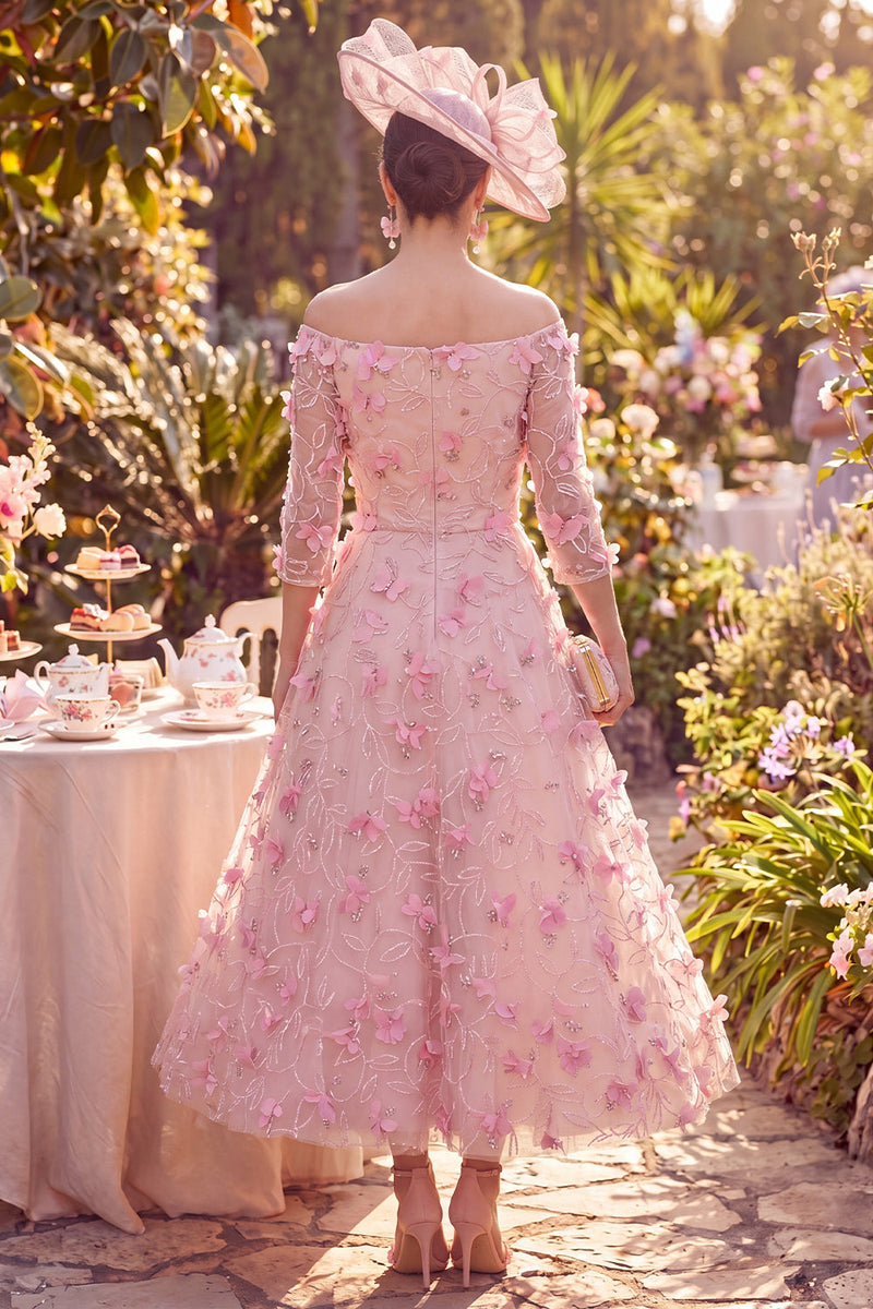Load image into Gallery viewer, Pink Beaded Long A Line Floral Off the Shoulder Mother of the Bride Dress