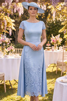 Load image into Gallery viewer, Floral Blue Sheath Long Short Sleeves Mother of the Bride Dress with Cape