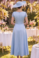 Load image into Gallery viewer, Floral Blue Sheath Long Short Sleeves Mother of the Bride Dress with Cape