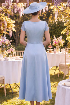 Floral Blue Sheath Long Short Sleeves Mother of the Bride Dress with Cape