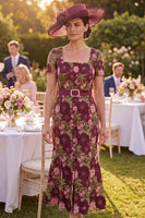 Load image into Gallery viewer, Mermaid Maxi Floral Burgundy Square Neck Mother of the Bride Dress with Belt