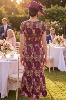 Mermaid Maxi Floral Burgundy Square Neck Mother of the Bride Dress with Belt