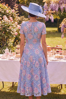 Sparkly Blue Maxi Floral A Line Boat Neck Beaded Mother of the Bride Dress